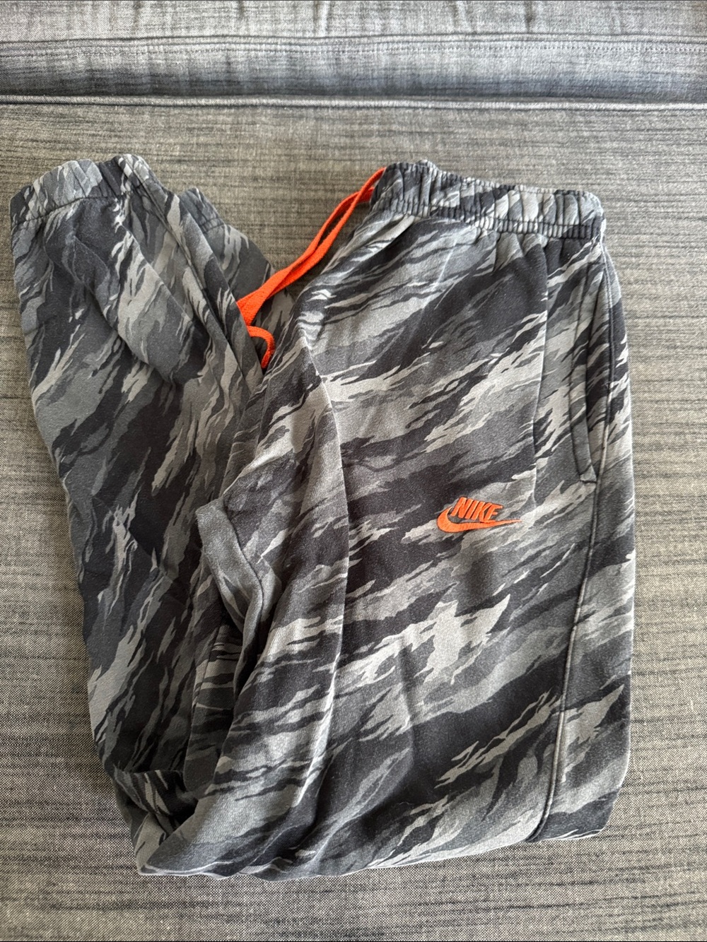 Nike Gray Camo Joggers with Orange Accents